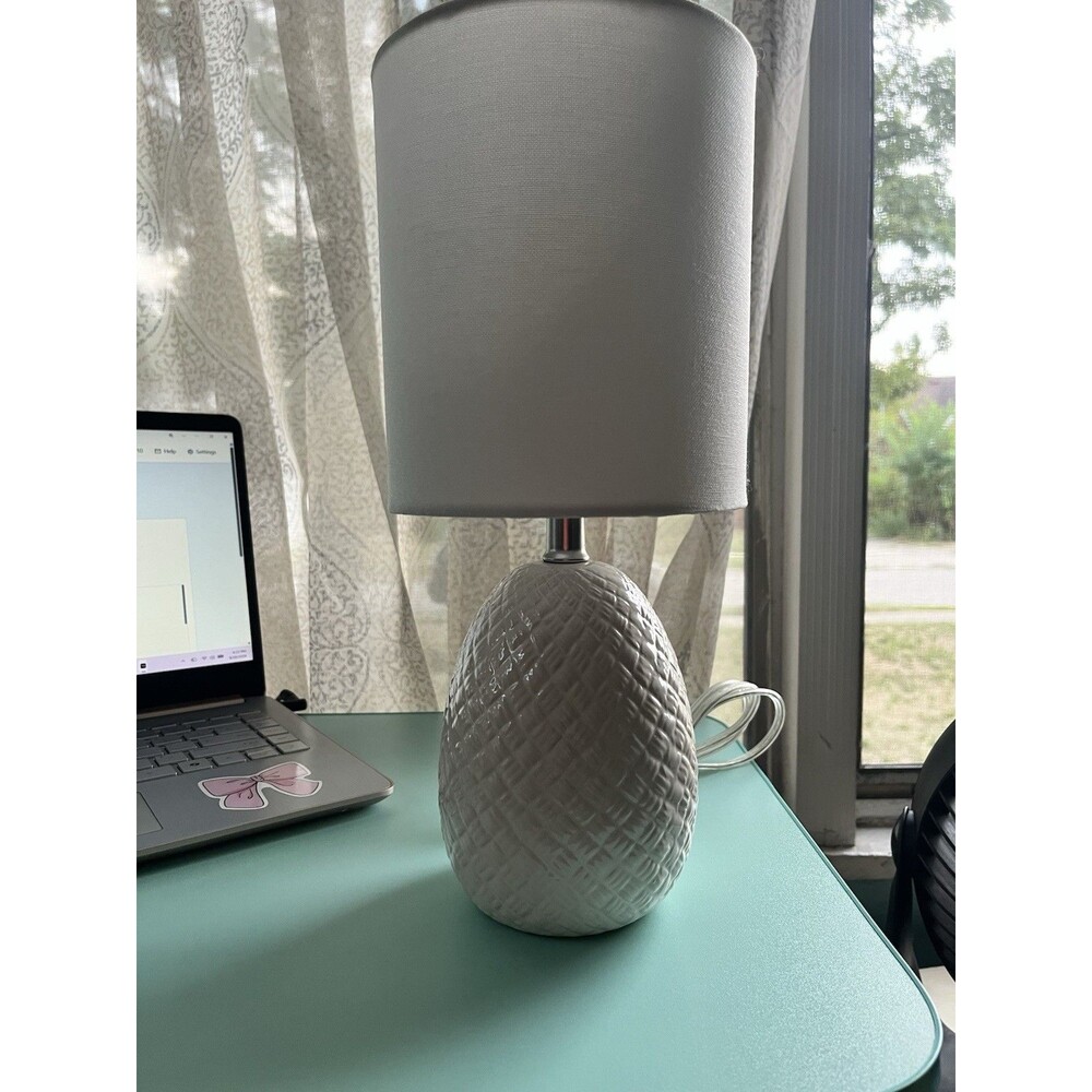 White Textured Ceramic Table Lamp w/ White Drum Fabric Shade, Switch, Corded 13